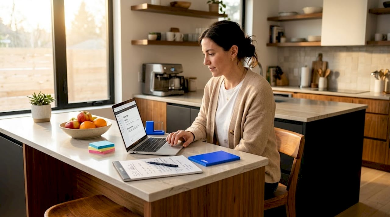 Woman editing webpage title tags at kitchen counter