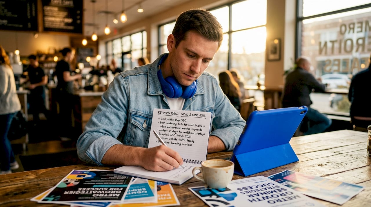 Man brainstorming keywords in local café
