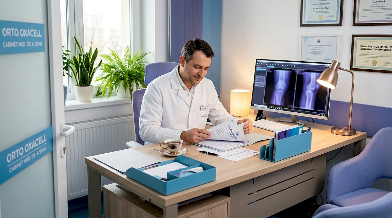Medicul ortoped analizează atent dosarele pacienților și examinează radiografiile pentru a pune un diagnostic corect.