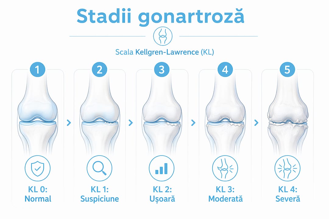 Infografic: cum evoluează gonartroza, explicat pe etapele scalei Kellgren-Lawrence