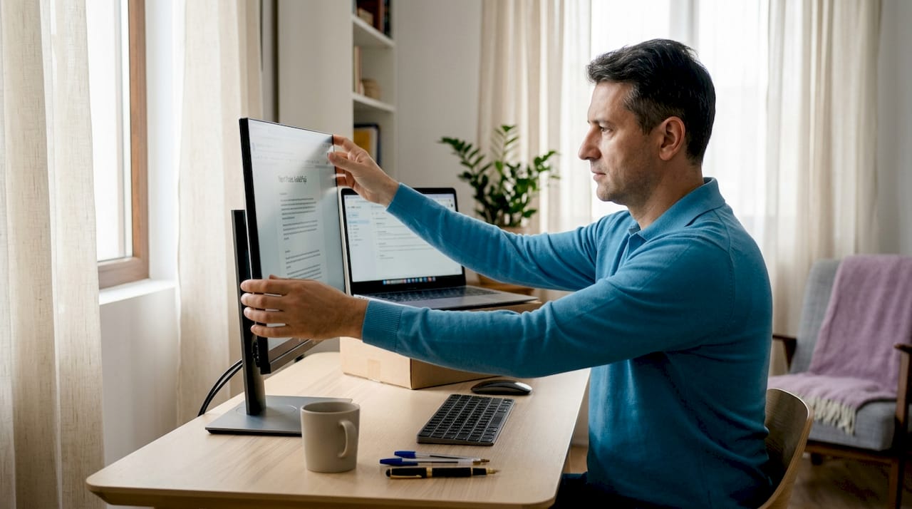 Un bărbat își ajustează monitorul și laptopul pentru a le seta la o înălțime confortabilă și ergonomică.