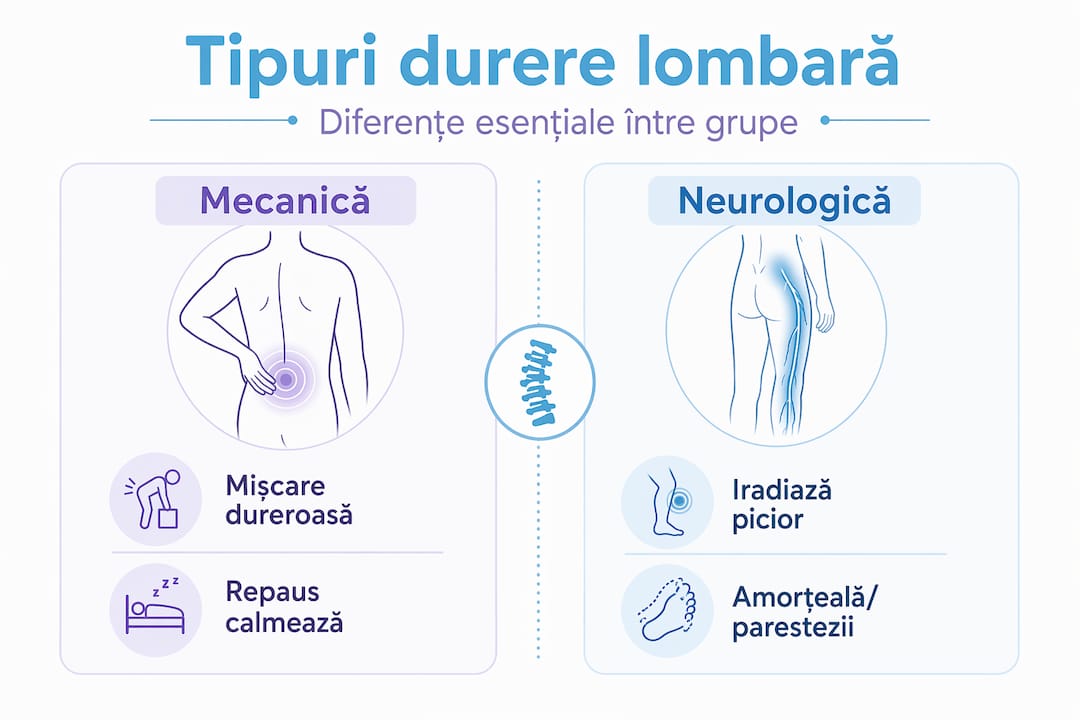 Infografic: principalele tipuri de dureri lombare – comparație și caracteristici