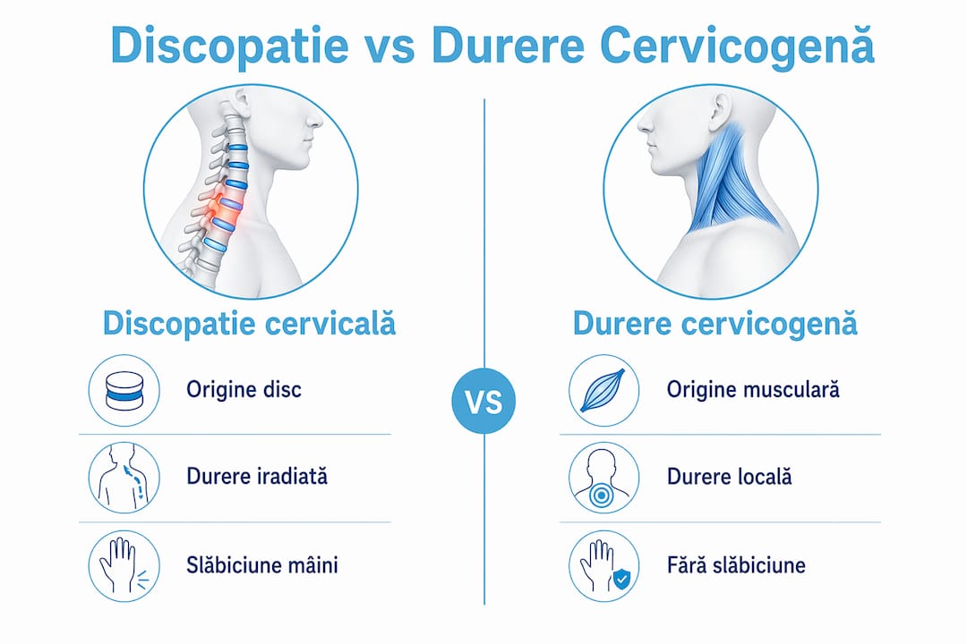 Infografic: diferențe esențiale între discopatia cervicală și durerile cervicogene