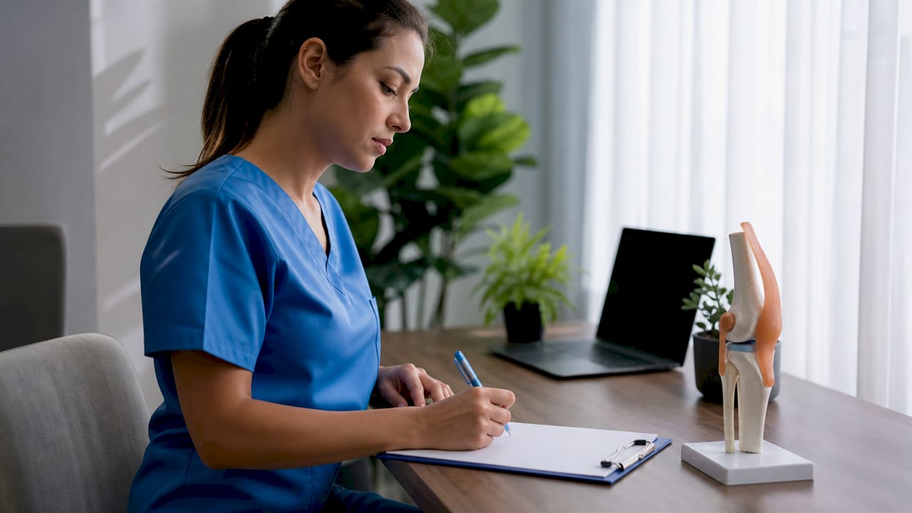 Asistentă medicală care notează simptomele resimțite de un pacient vârstnic la genunchi, în cadrul consultației.