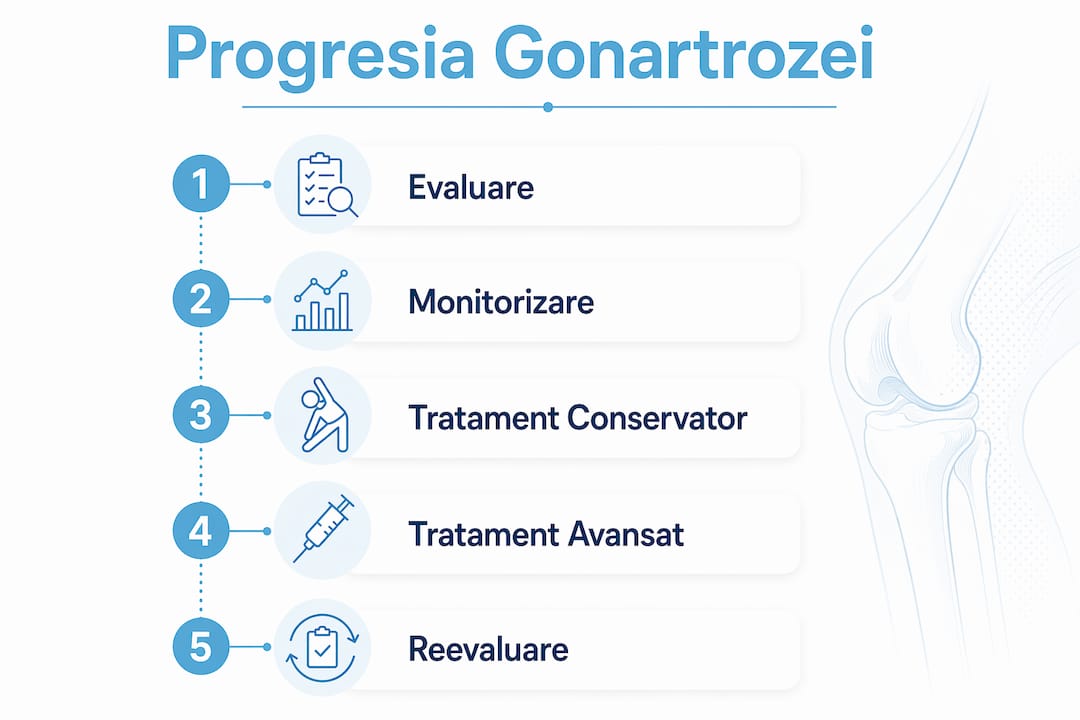 Infografic explicativ despre evoluția gonartrozei la persoanele în vârstă și cele mai eficiente metode de gestionare a acestei afecțiuni