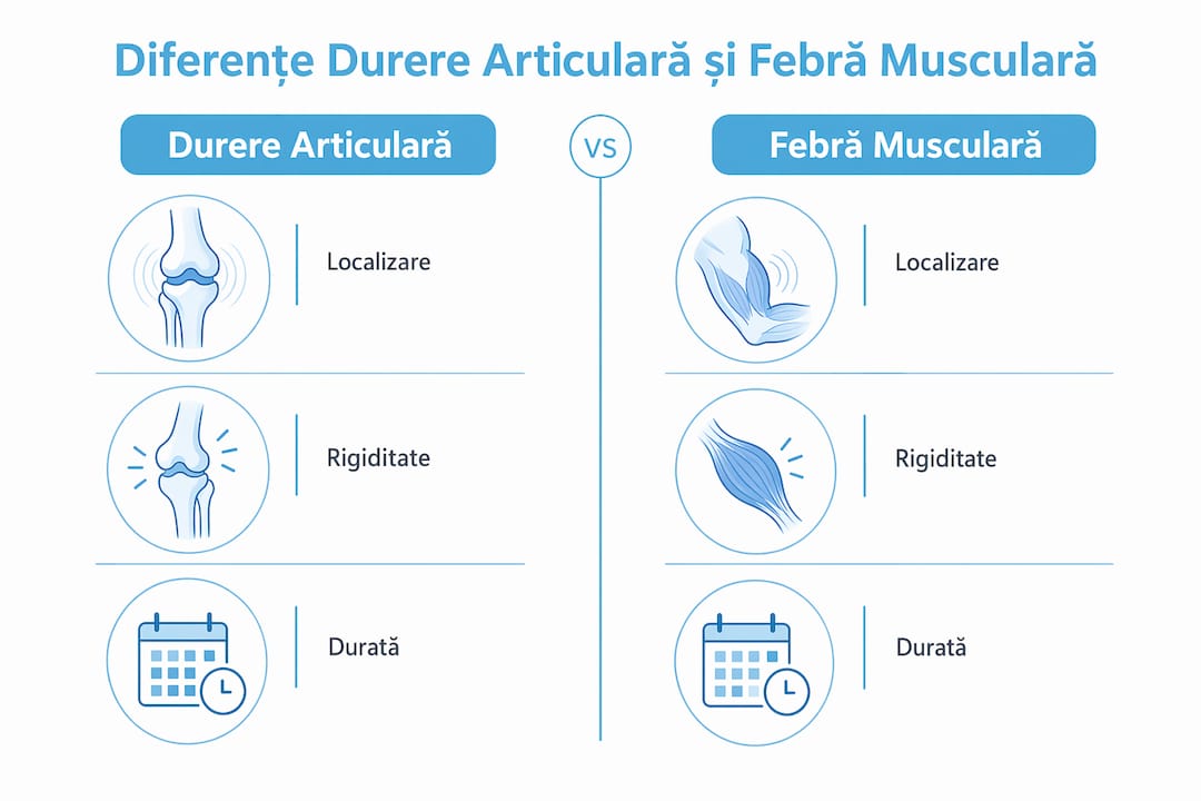 Infografic care evidențiază diferențele dintre durerile articulare și febra musculară