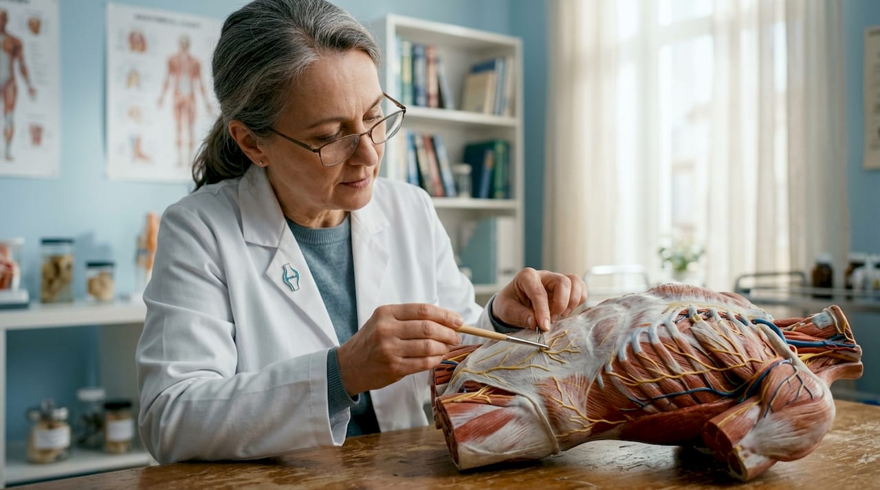 Prim-plan cu mâini care prezintă un model anatomic al fasciei