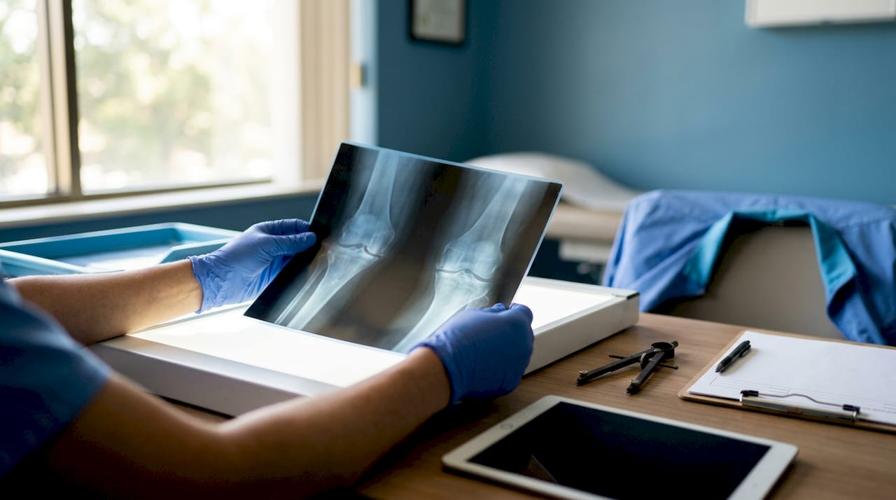 Medic specialist examinează radiografia unui genunchi pe panoul de iluminare, analizând cu atenție detaliile imaginii.