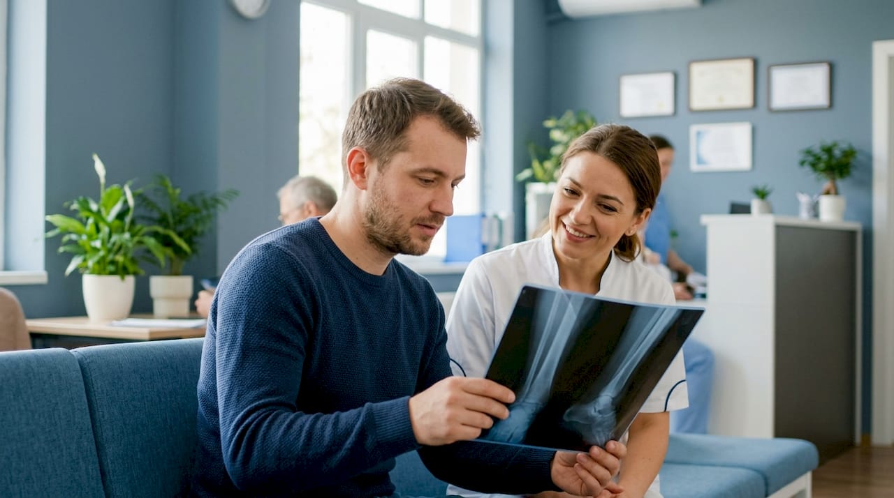 Pacientul discută rezultatul radiografiei împreună cu asistenta de la clinică.