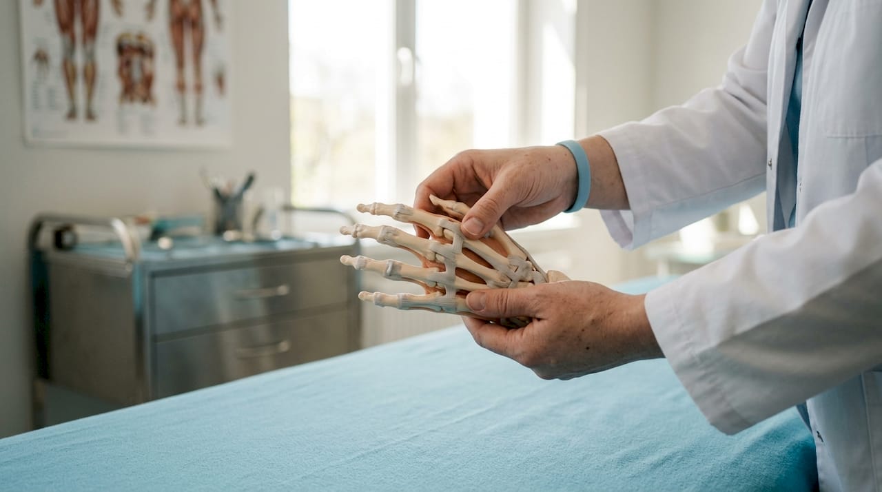 Terapeutul manipulează un model anatomic al mâinii, folosindu-și propriile mâini pentru a demonstra tehnici specifice.