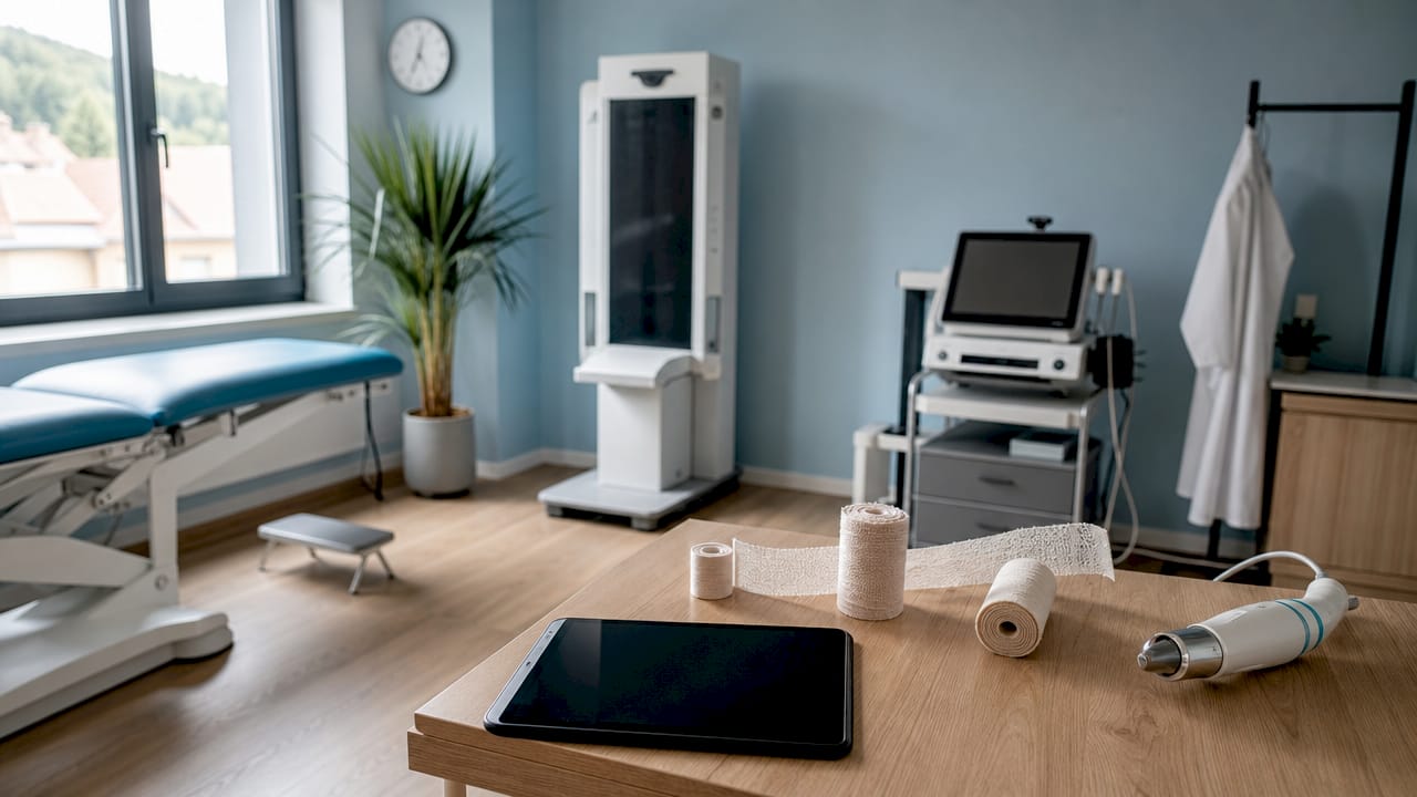 Salon de tratament modern într-o clinică ortopedică, amenajat cu echipamente de ultimă generație și un ambient primitor, gândit pentru confortul pacienților.