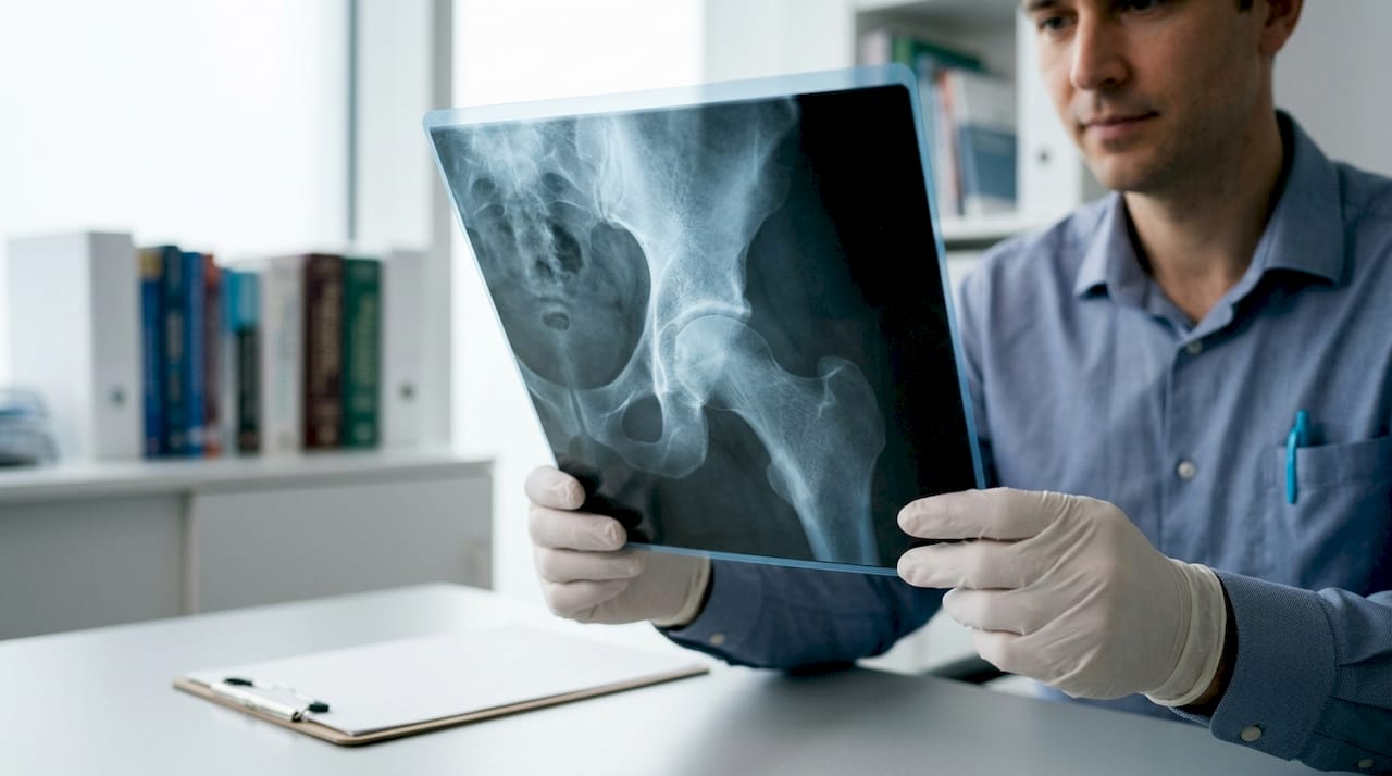 Radiografia evidențiază semne de coxartroză în stadiu incipient la nivelul șoldului.