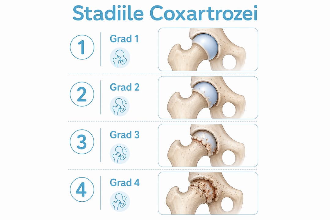 Infografic: etapele evoluției coxartrozei și manifestările asociate