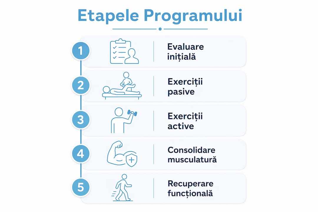 Prezentare vizuală a pașilor din programul de exerciții ortopedice