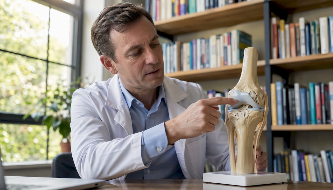 Medicul explică pacientului structura cartilajului de la genunchi, folosindu-se de un model anatomic.