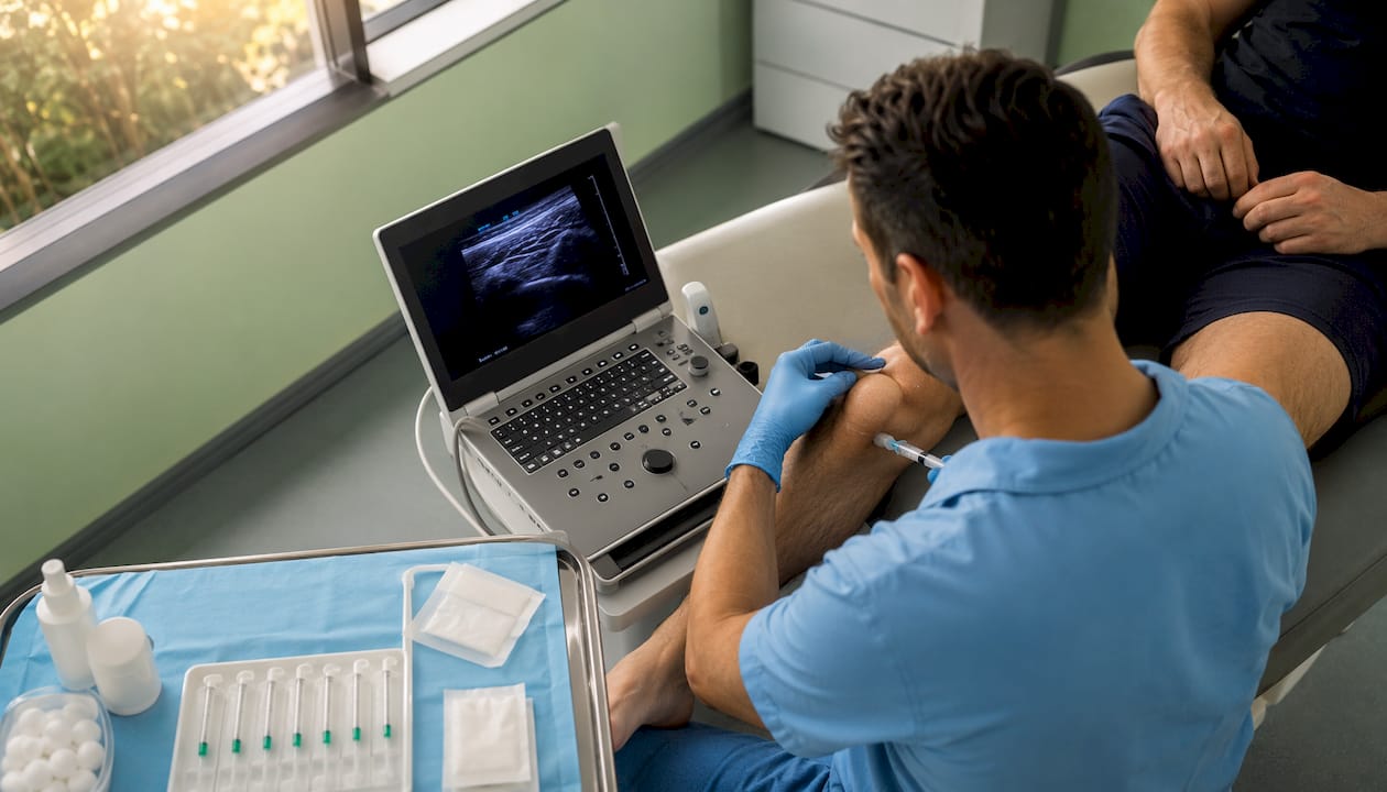 Medicul administrează o injecție în articulație, folosindu-se de ecografie pentru a ghida procedura cu precizie.