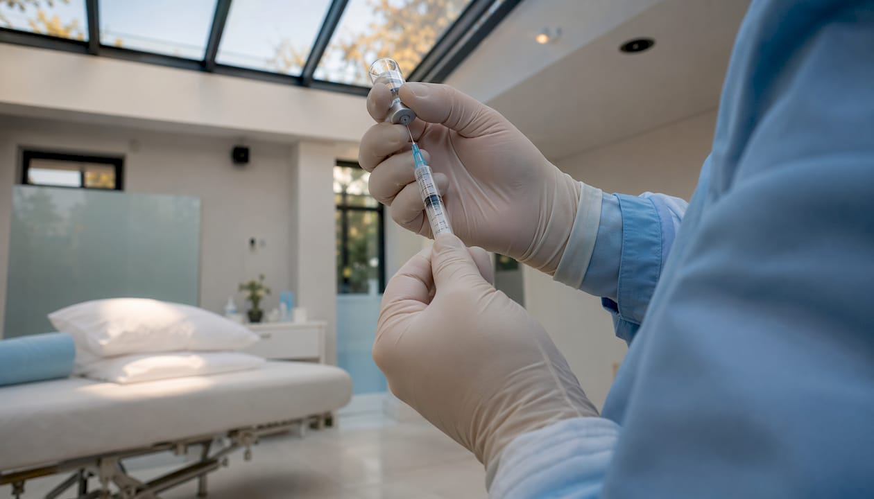 Un medic pregătește seringa pentru procedura de proloterapie.