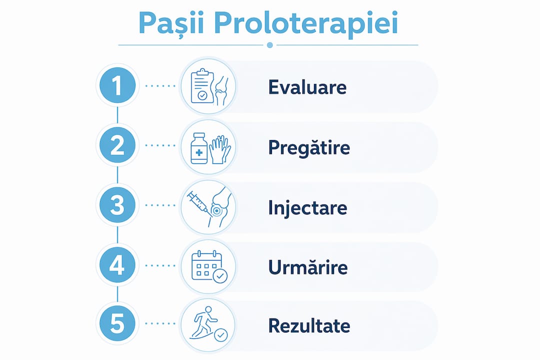 Infografic care ilustrează principalele etape ale proloterapiei pentru articulații