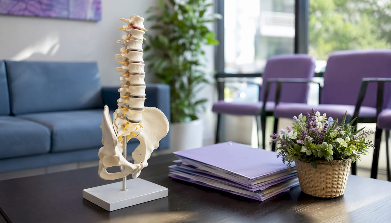 Un model anatomic al coloanei lombare așezat pe birou