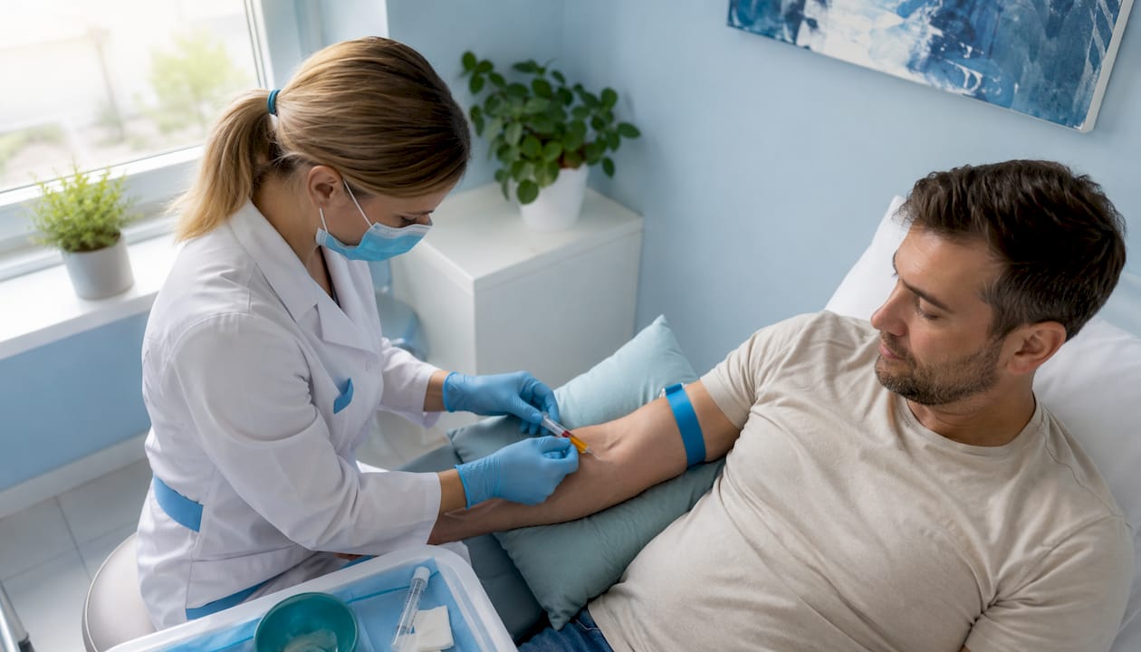 O asistentă administrează o injecție cu PRP unui pacient adult.
