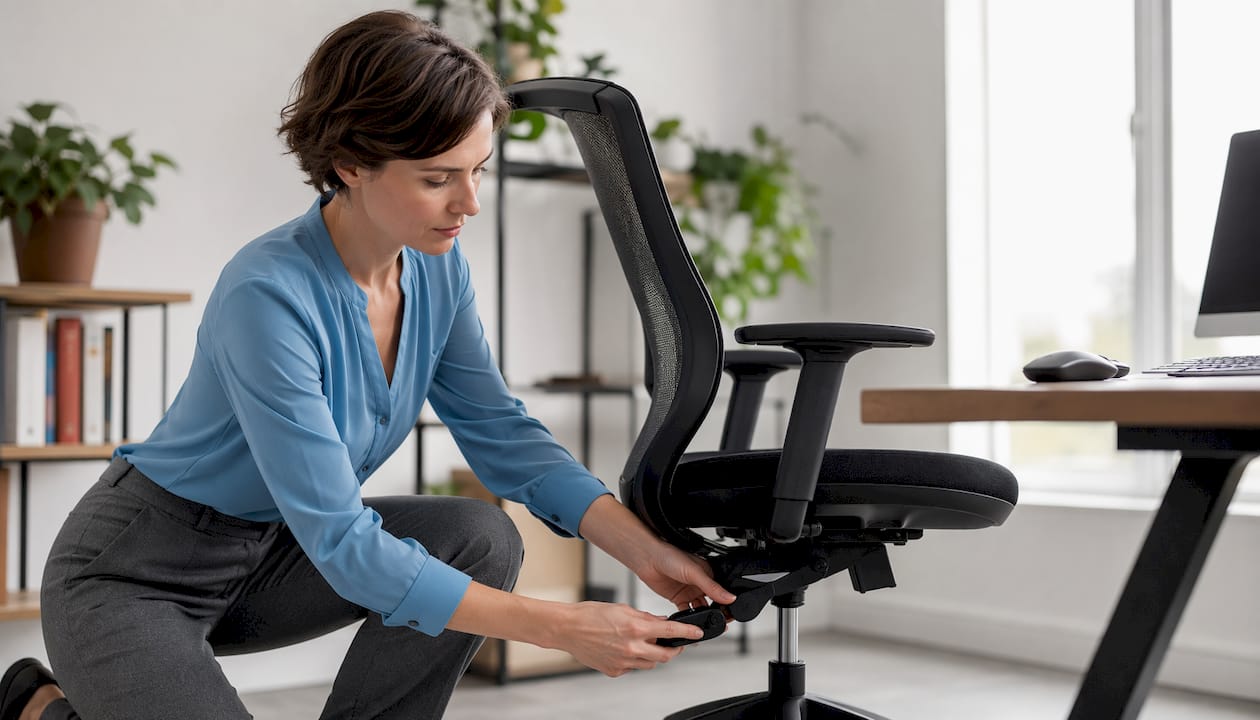 O femeie își ajustează scaunul ergonomic de la birou pentru a se simți mai confortabil.