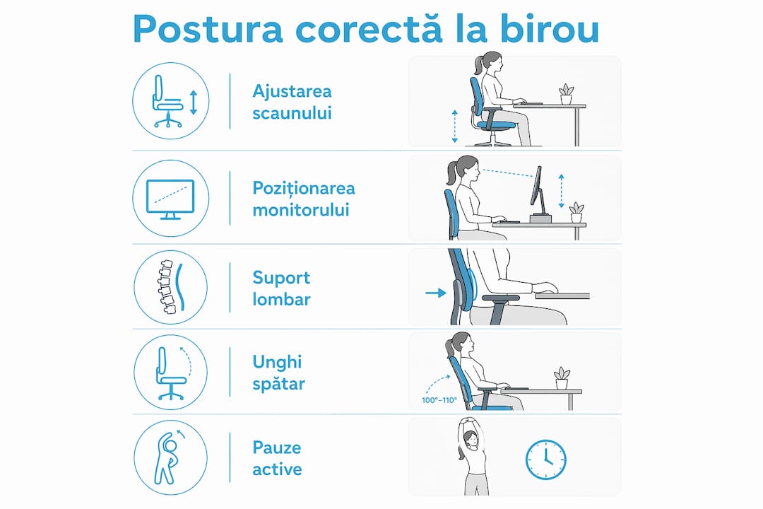 Ghid vizual: Cum să îți menții postura corectă la birou, pas cu pas