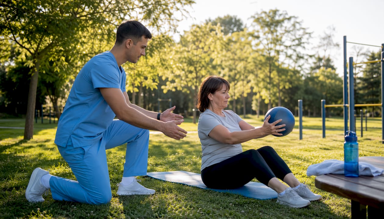 Kinetoterapeutul lucrează alături de o pacientă, ghidând-o în timpul exercițiilor.