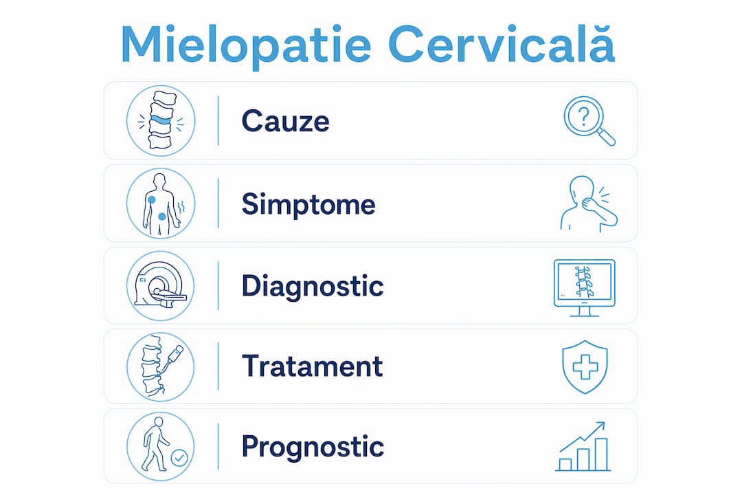 Prezentare vizuală a pașilor și elementelor care definesc mielopatia cervicală