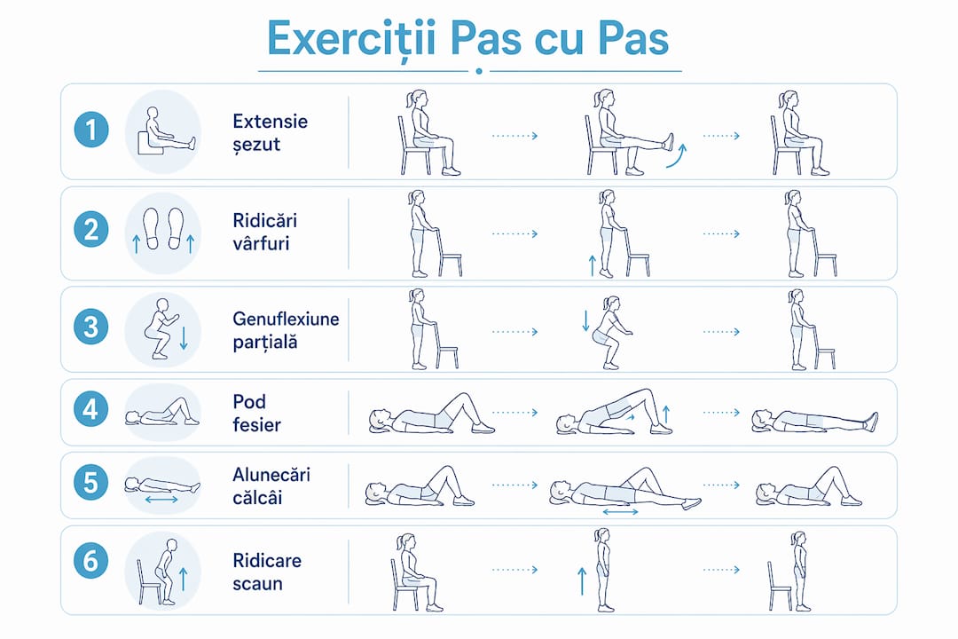 Infografic: cum să faci corect exercițiile recomandate pentru artroza la genunchi, pas cu pas