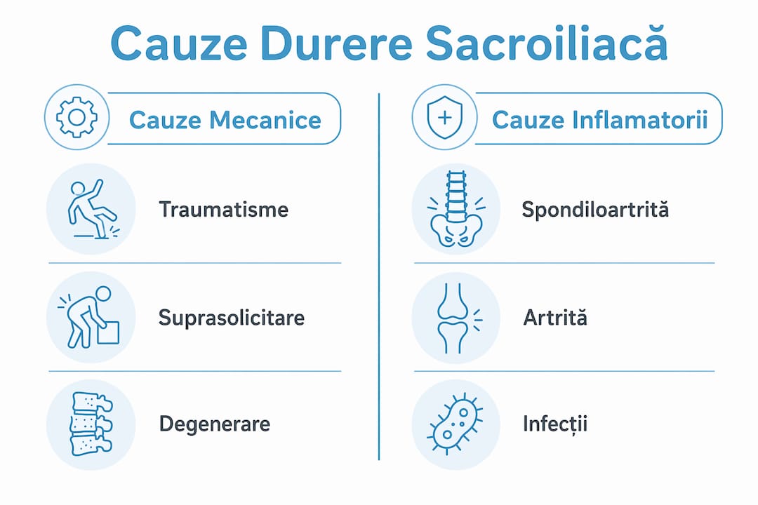 Infografic despre principalele motive mecanice și inflamatorii care pot duce la dureri în zona articulației sacroiliace.