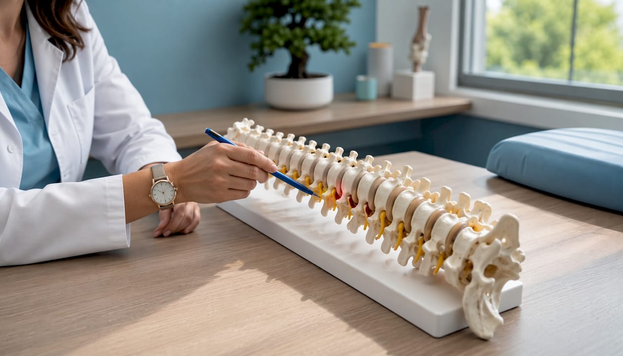 Imagine detaliată a unei coloane vertebrale, evidențiind compresia unui nerv.