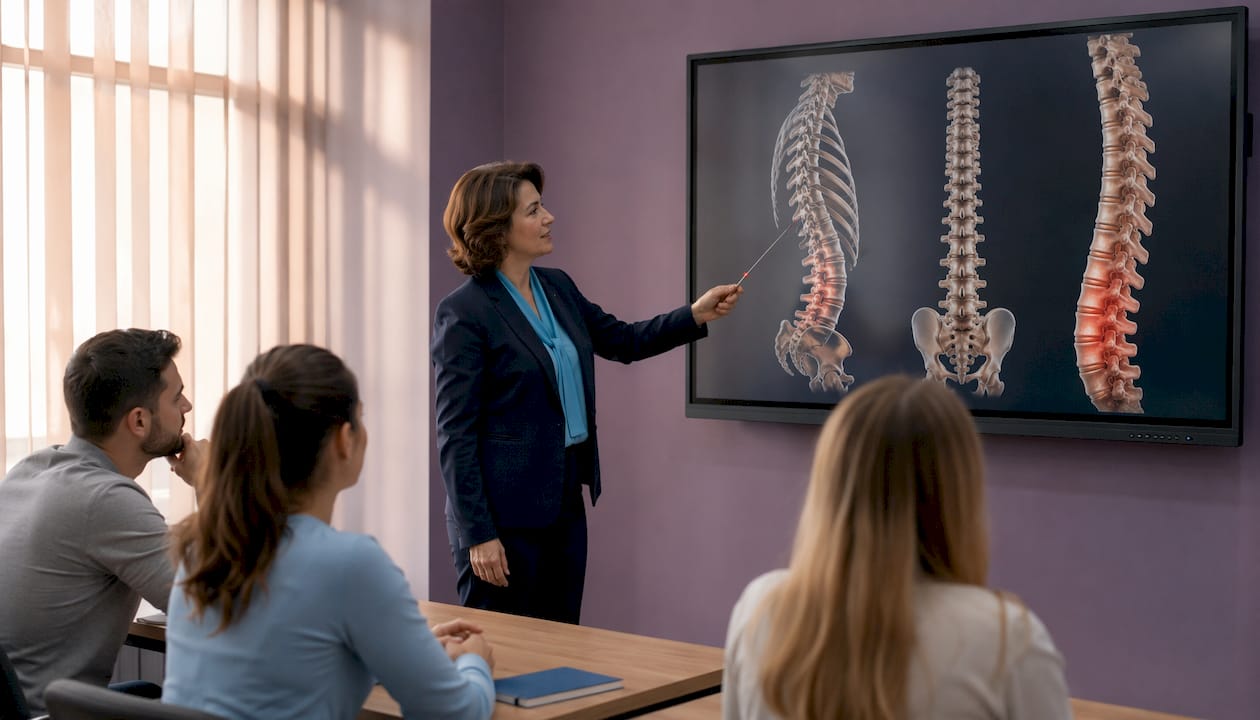 Un cadru medical prezintă și explică zonele coloanei vertebrale folosind un ecran digital interactiv.