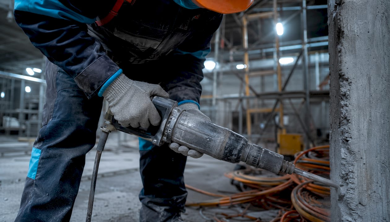 Un muncitor utilizează unelte electrice cu vibrații pe șantier, lucrând la diverse operațiuni de construcție.