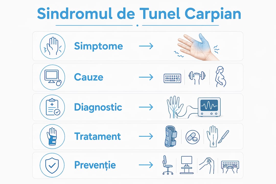 Infografic care ilustrează evoluția sindromului de tunel carpian, pas cu pas