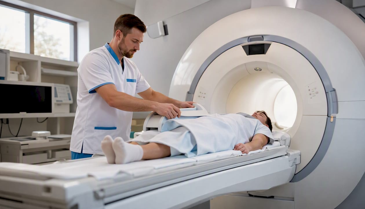 Tehnicianul pregătește pacientul pentru efectuarea unei investigații RMN la nivelul coloanei vertebrale.