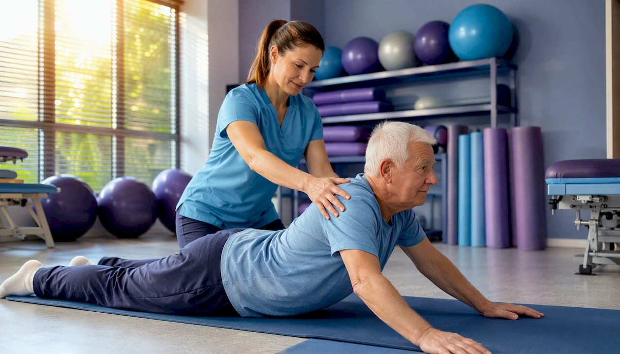 Kinetoterapeutul ghidează pacientul în exerciții pentru recuperarea coloanei.