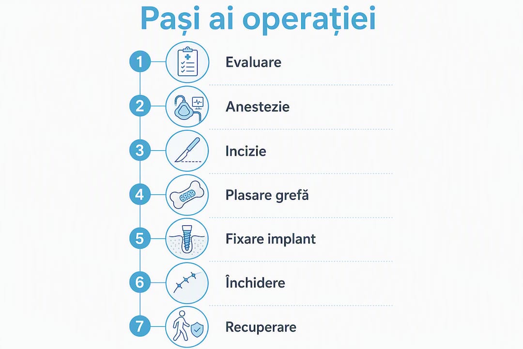 Ilustrație informativă cu etapele intervenției de fuziune vertebrală