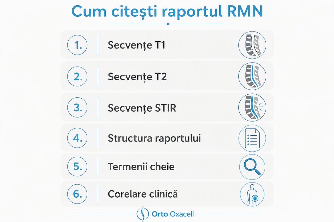 Infografic: pașii esențiali pentru interpretarea unui raport RMN la nivelul coloanei vertebrale