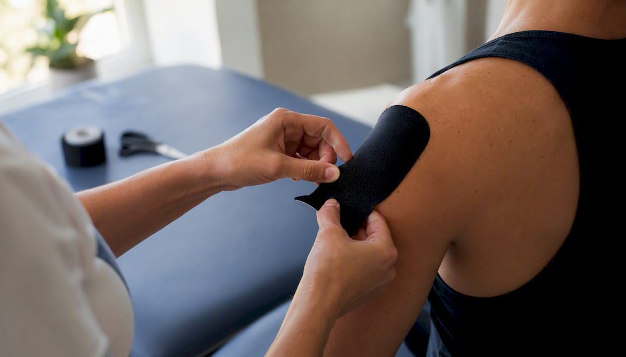 Fizioterapeutul aplică benzi kinesiologice pe umărul pacientului pentru a-i oferi suport și a-i ameliora durerea.