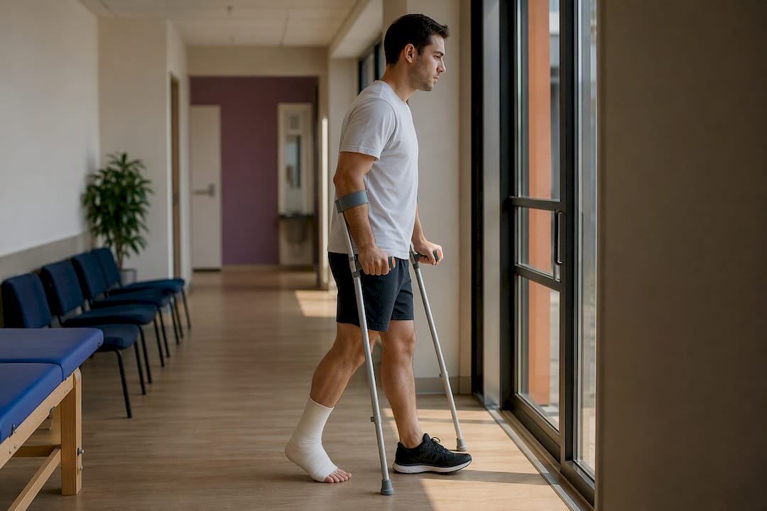 Un sportiv se deplasează cu ajutorul cârjelor, având glezna bandajată.