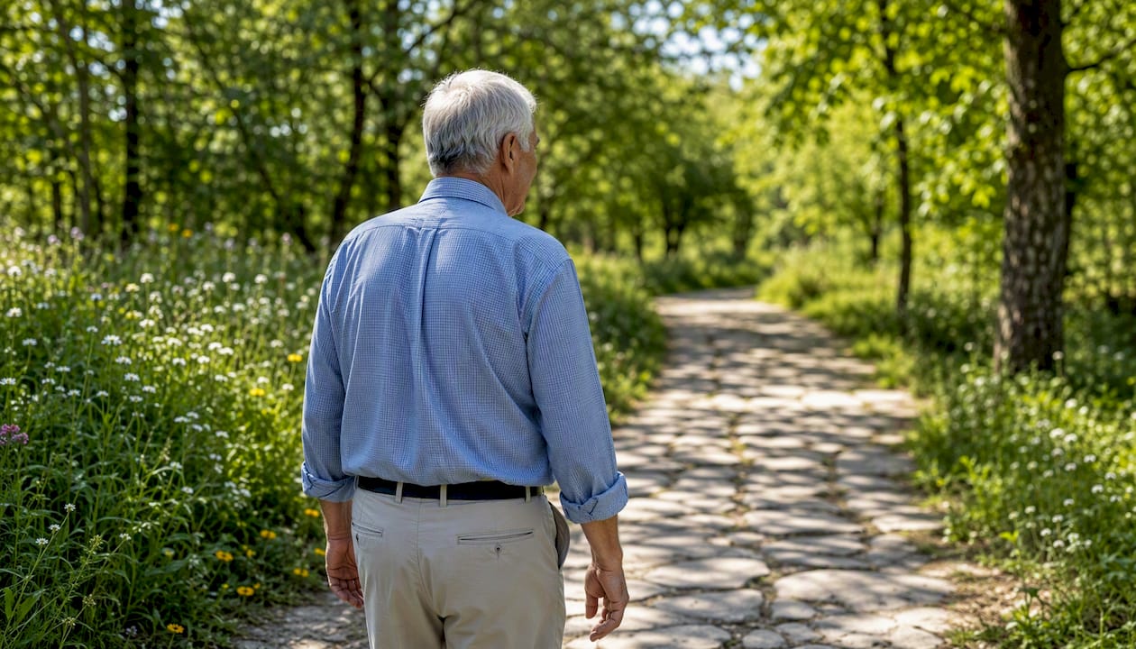 Vârstnicii care fac plimbări prin parc își mențin stabilitatea genunchilor și se bucură de mișcare în aer liber.