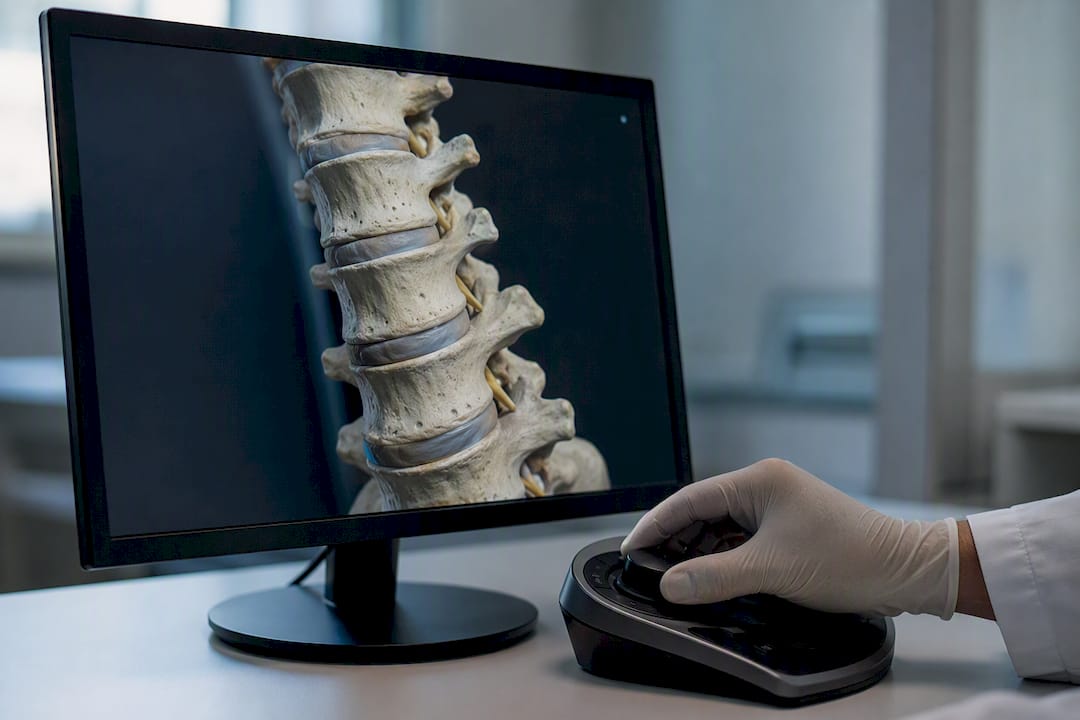 Reconstrucție 3D CT a coloanei lombare afișată pe ecran