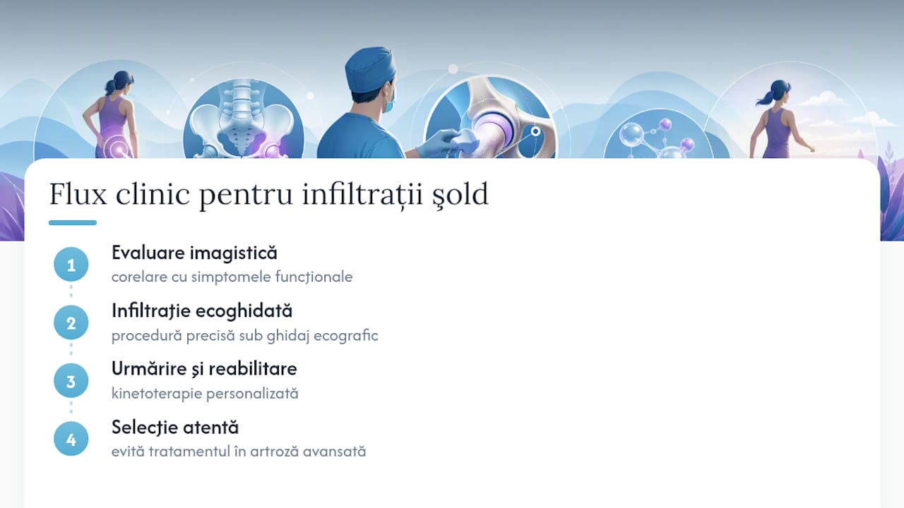Pașii protocolului pentru selecția infiltrației în șold