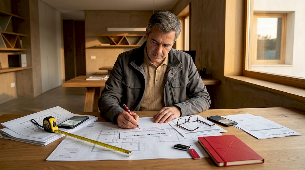Hombre analizando los planos y el presupuesto para una reforma