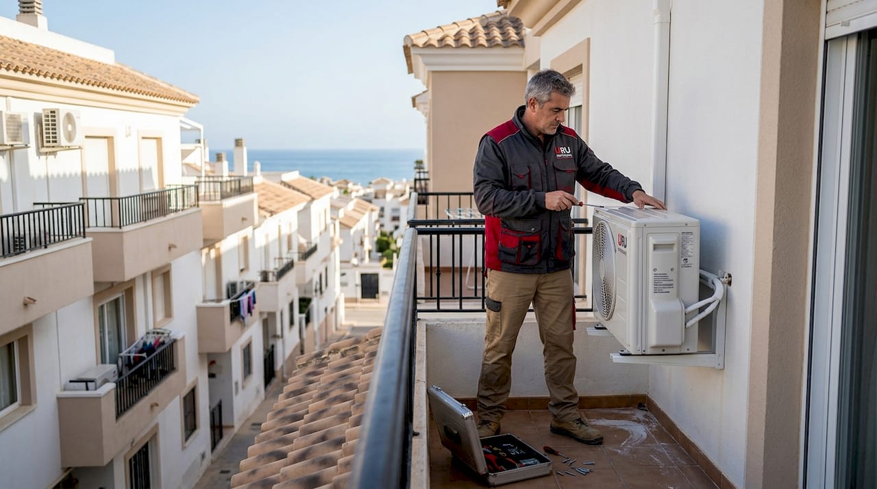 Instalación de la unidad exterior de aire acondicionado en el balcón de una vivienda en Torrevieja