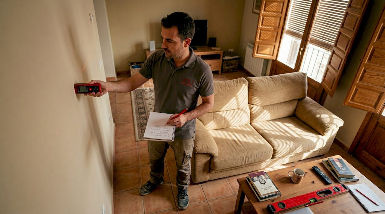 Técnico tomando medidas en la pared del salón para instalar el aire acondicionado