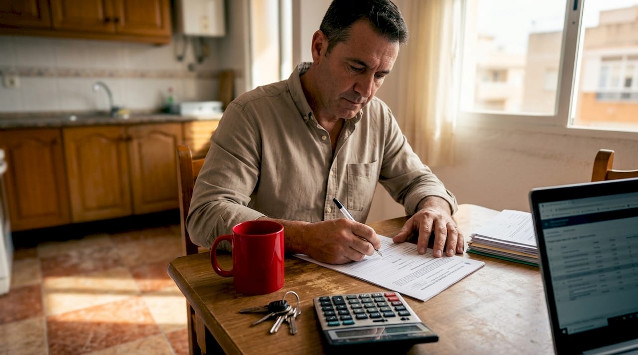 Dueño revisando la documentación de licencias en la cocina