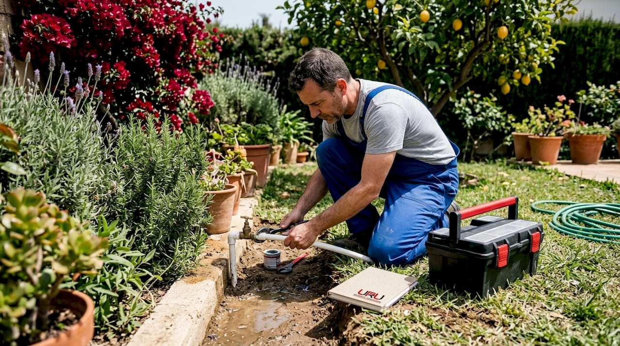 Fontanero instalando tuberías en un jardín de estilo mediterráneo