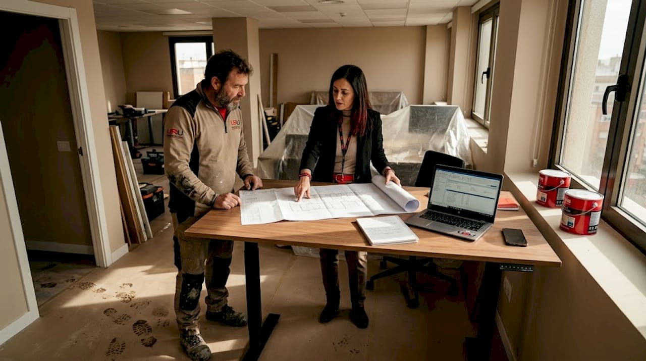 El responsable del proyecto comenta los detalles de la remodelación de la oficina con el equipo.
