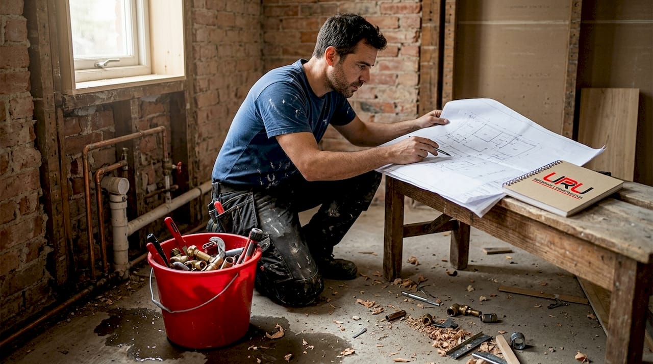 Fontanero realizando la instalación de tuberías en la cocina de una vivienda